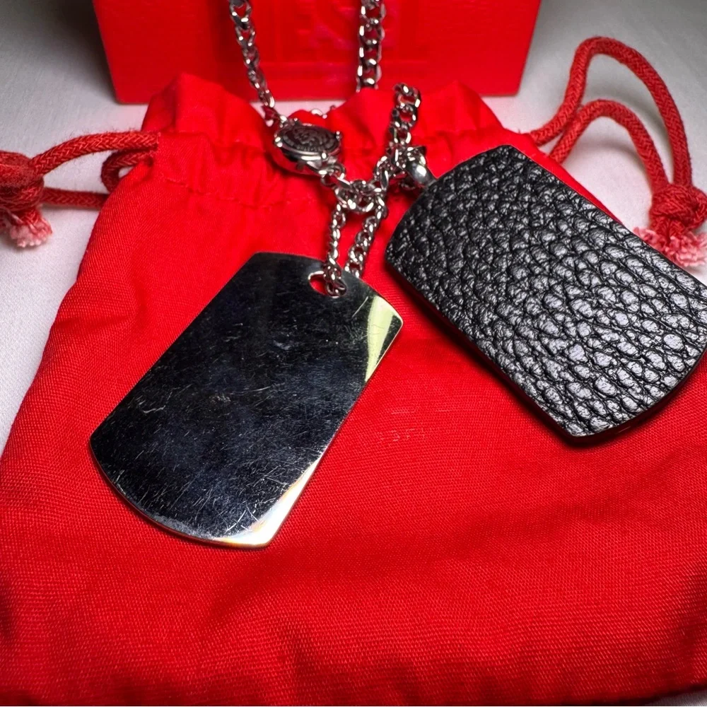 Diesel Double Dog Tag Stainless Steel Silver Leather Necklace DX1040040